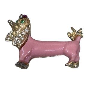 Vintage Pink Celluloid Rhinestone Dachshund Dog Brooch Bow Peridot Eyes Estate